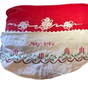 Vtg Christmas Tablecloth Round Red White Merry Christmas Candles Holly Tree 56"